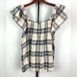 Lucky Brand Black Peach Plaid Flutter Sleeve Babydoll Blouse‎